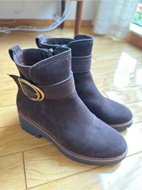 Blondo Dark Brown Suede Buckle Ankle Boots